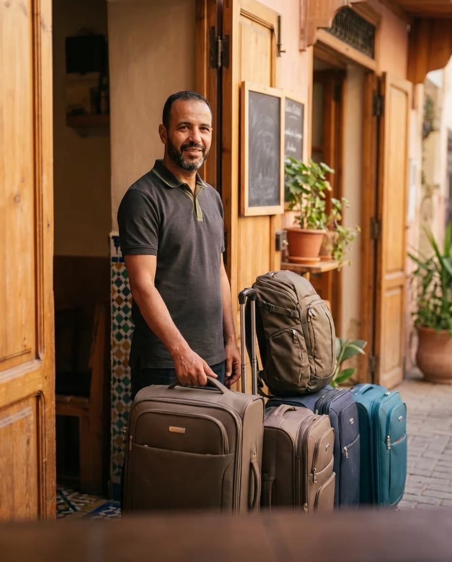 Un commerçant partenaire BoxSpot devant sa boutique, avec des valises de voyageurs