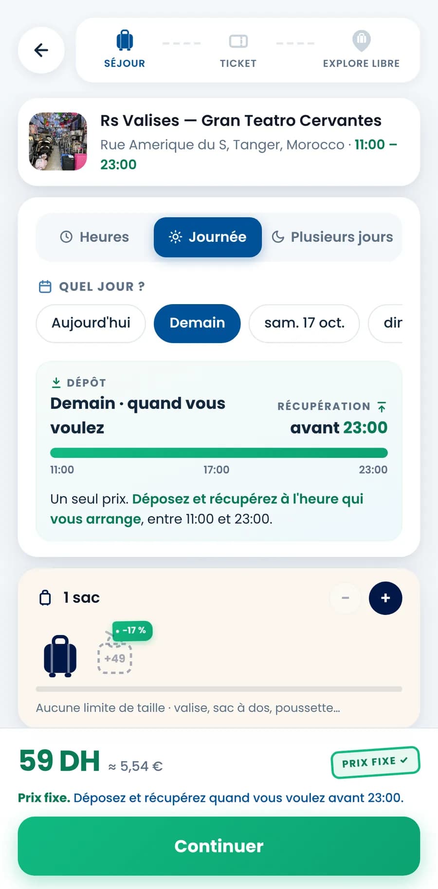 L'écran de réservation BoxSpot : une journée, un sac, prix fixe