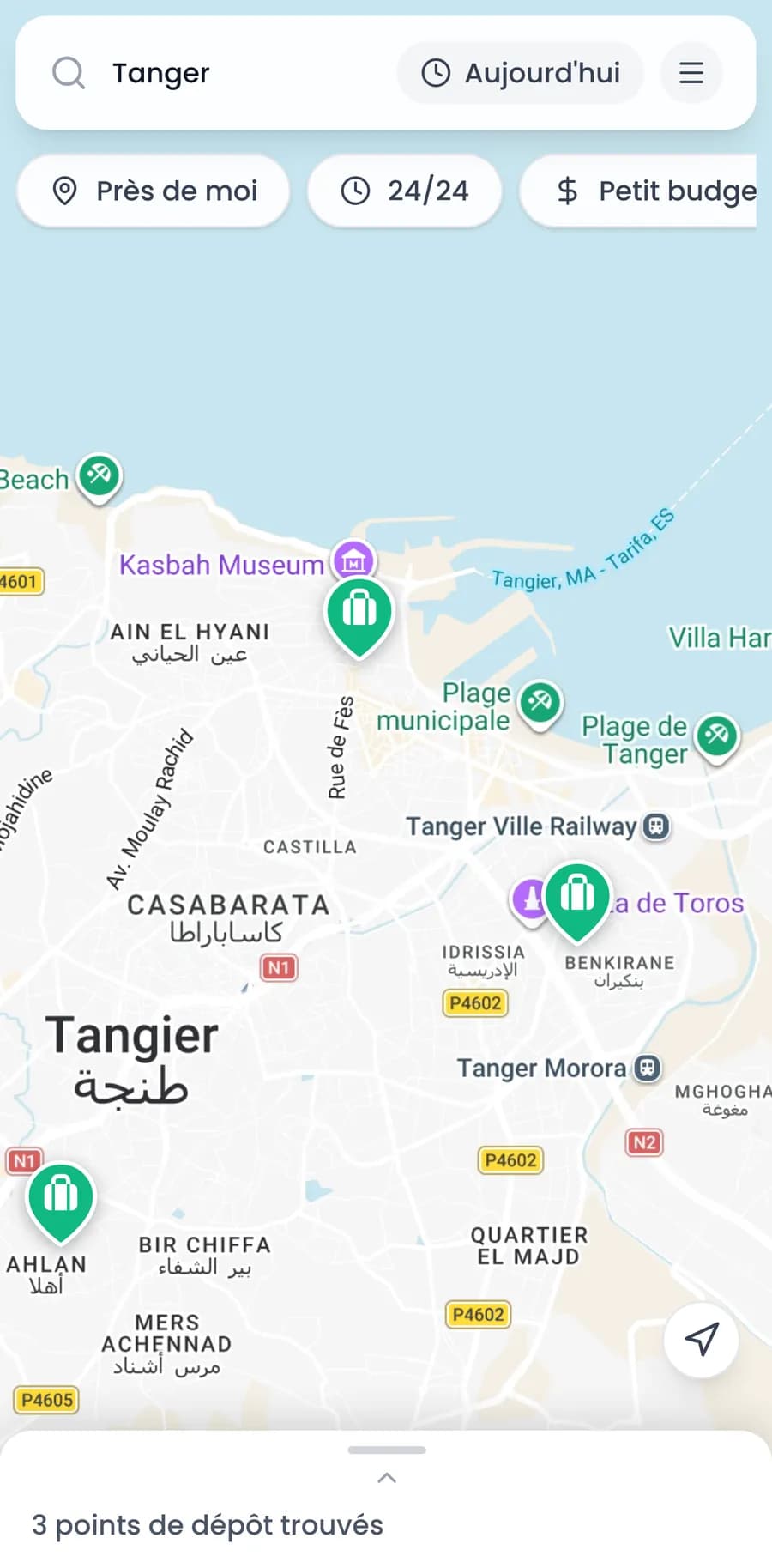 La carte BoxSpot à Tanger, avec les points de dépôt