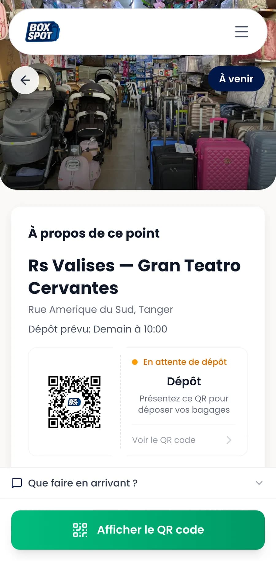 Une réservation BoxSpot d'exemple, avec son QR code de dépôt