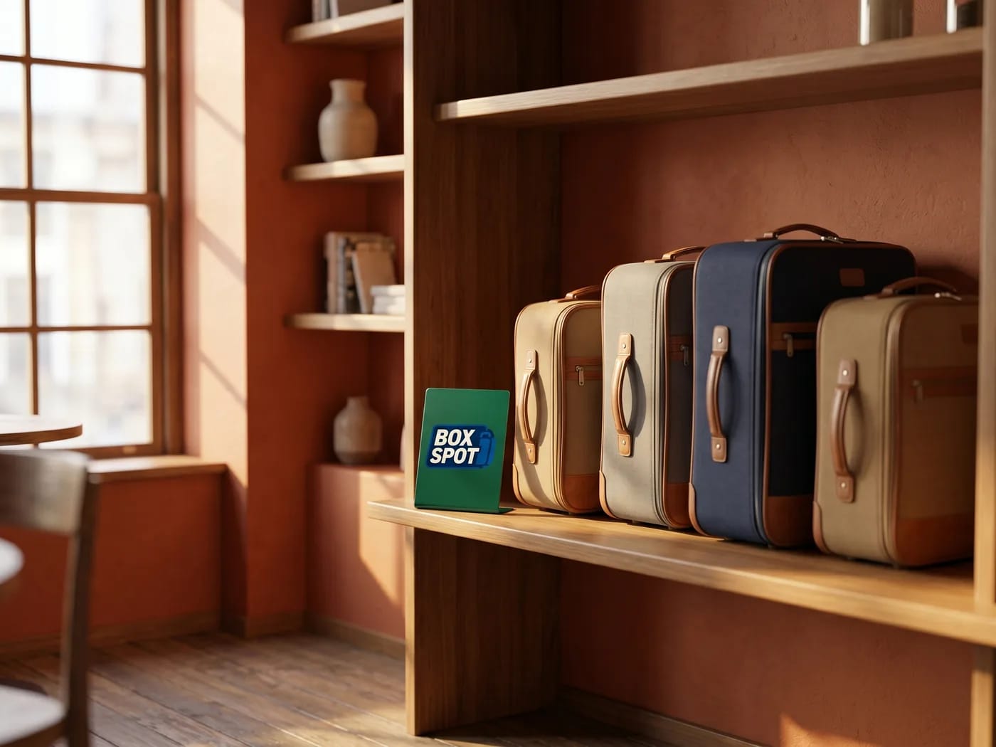 The same corner turned into a BoxSpot storage point with suitcases