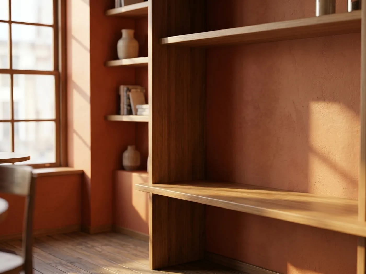 A café corner with empty, unused shelves