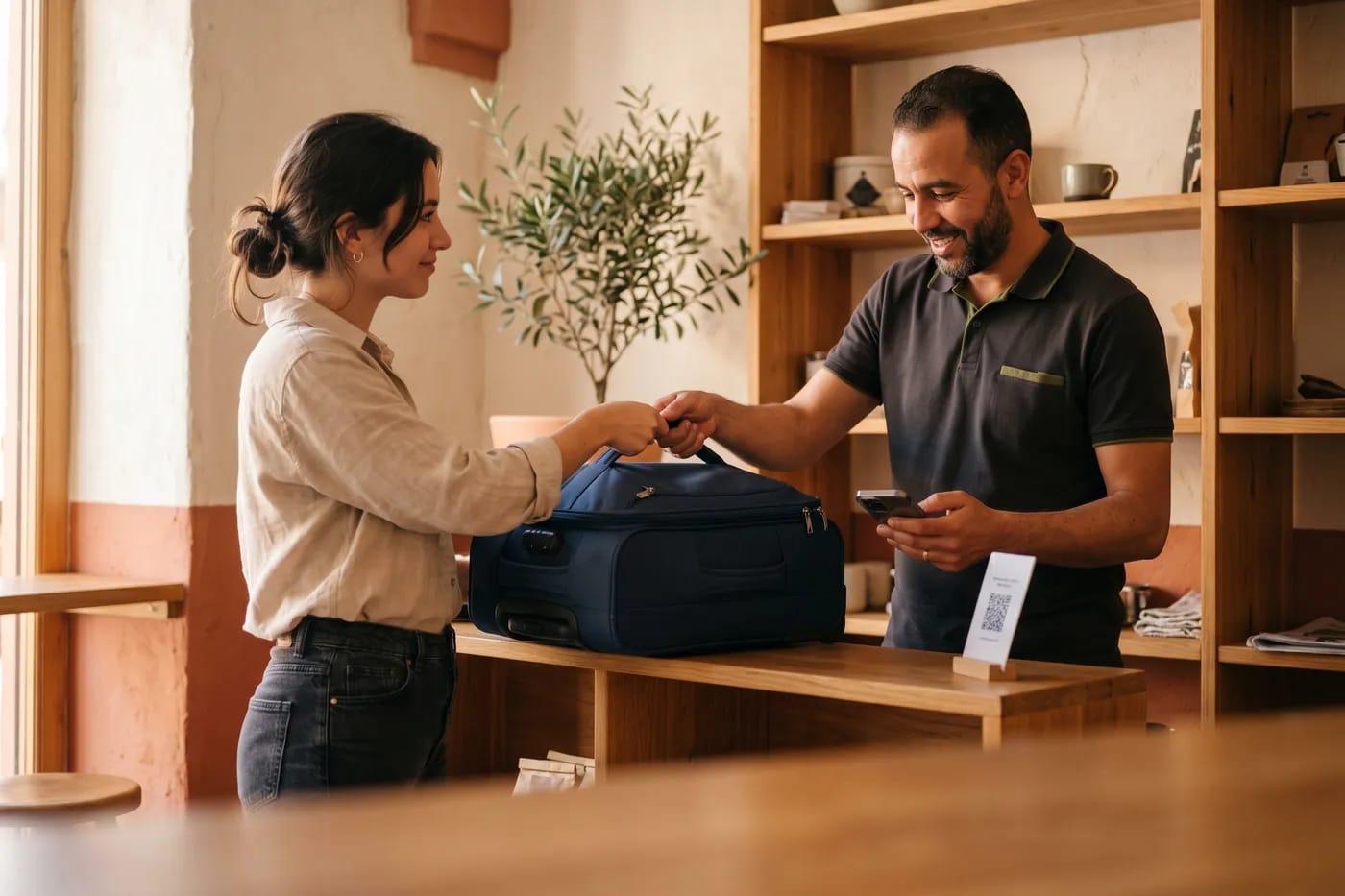 Une voyageuse confie sa valise au commerçant qui scanne un QR code