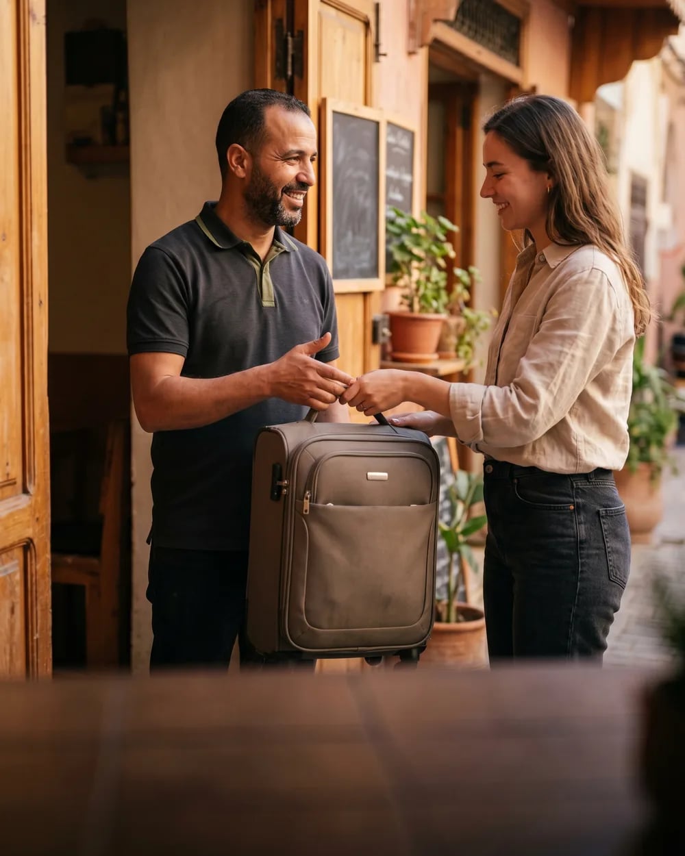 A shop owner welcomes a traveler's luggage
