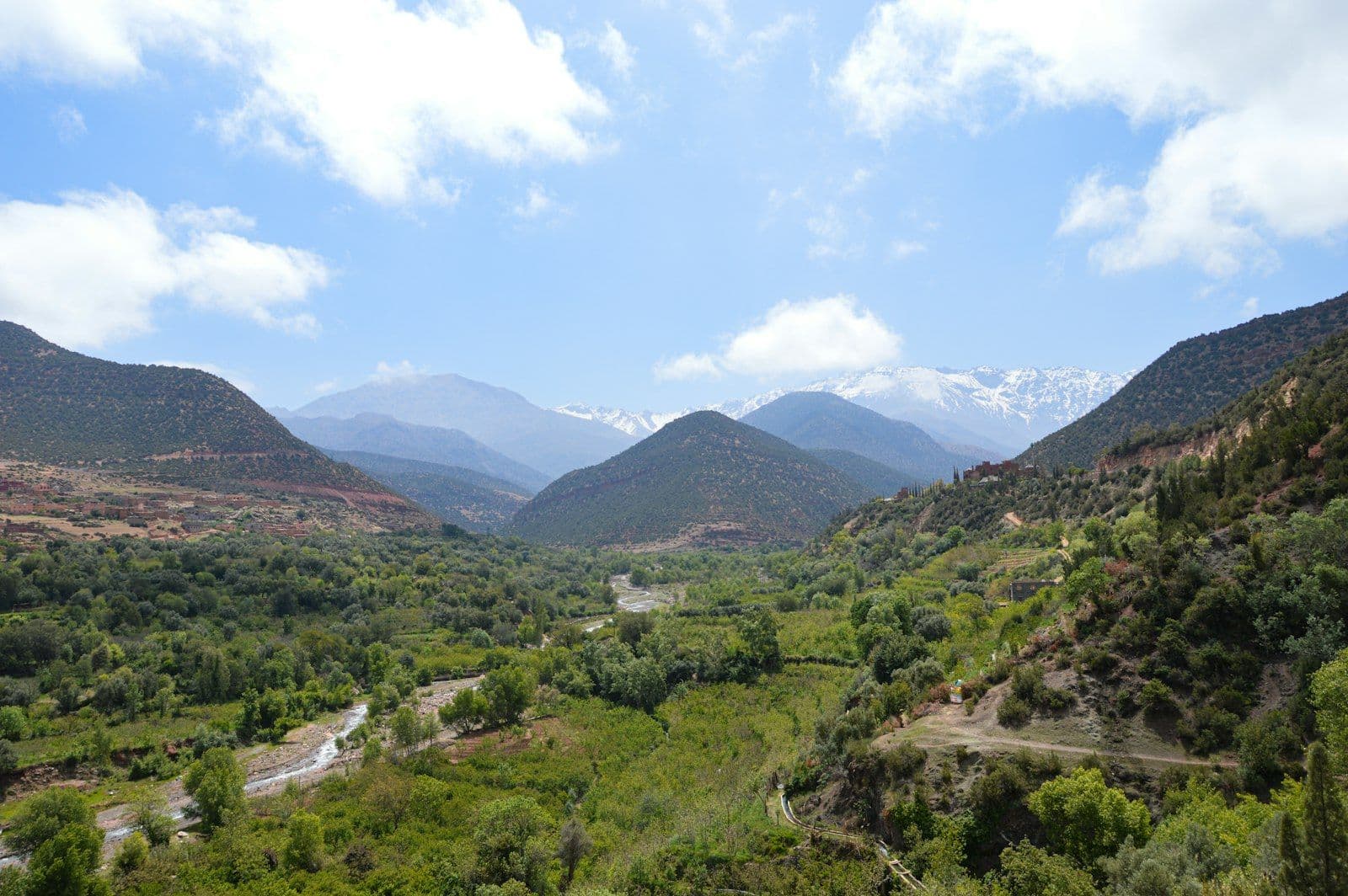 Une vallée verdoyante du Haut Atlas traversée par un oued, avec des sommets enneigés à l'horizon