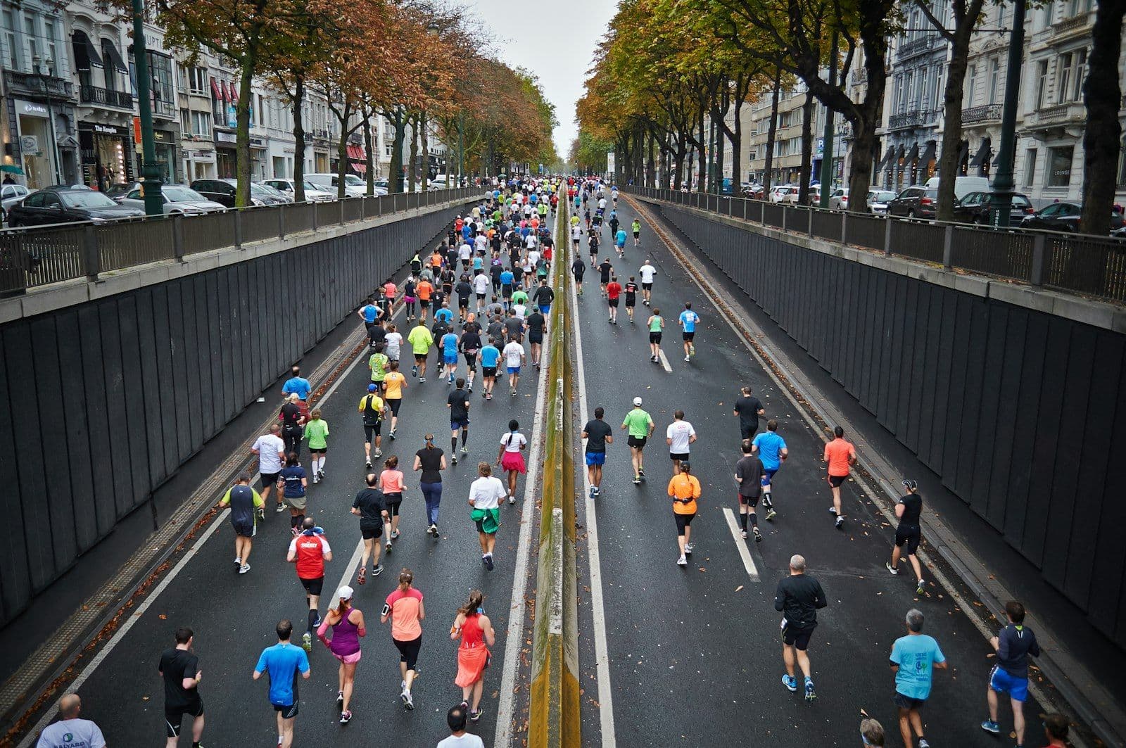 Coureurs vus de dos sur une large avenue bordée d'arbres lors d'une course sur route (photo d'illustration, prise hors de Marrakech)